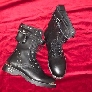 CULT Black Faux Leather Moto LaceUp Zipper Calf Height Boots w/ Studs Size 9 New